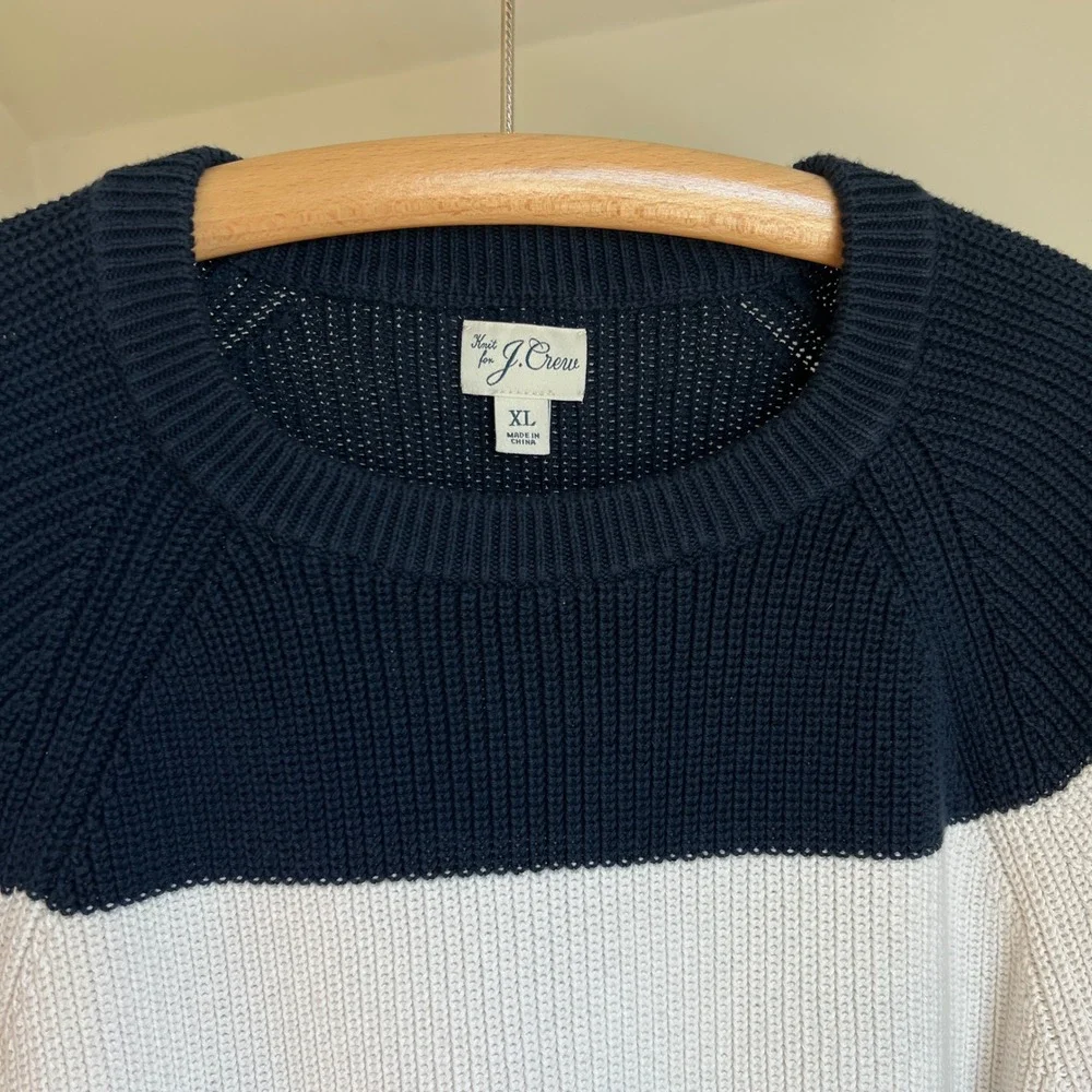 J. Crew Cotton Ribbed Sweater XL Men Navy White Striped Crewneck Pullover Preppy
